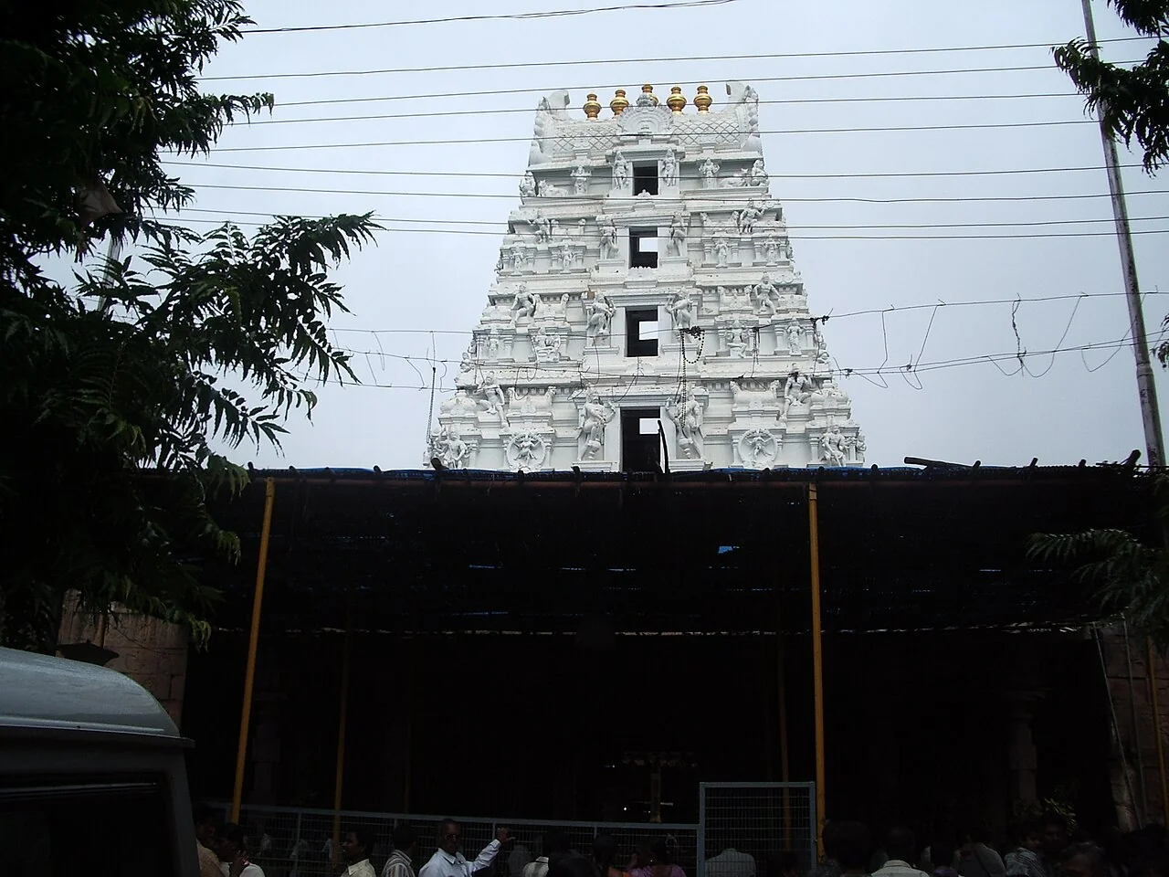 The white gopuram above the entrance of Mallikarjuna Temple in Srisailam